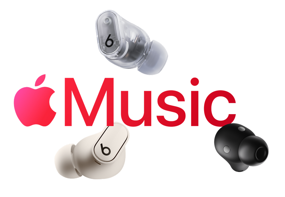 Pictur of Apple Music logo and white wireless earbuds.