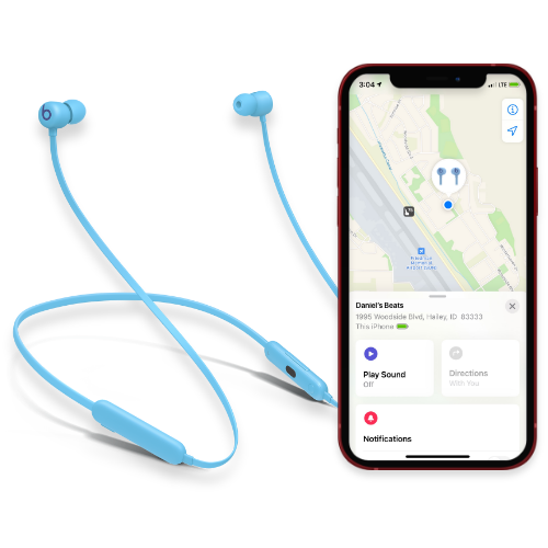 Picture of iPhone with Find My app open and baby blue wired earphones.