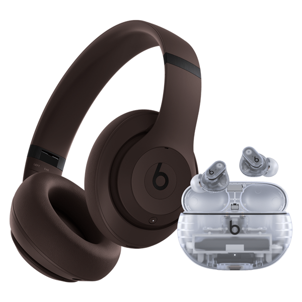 Picture of Beats by Dre headphones in the color brown and earphones in the color gray.